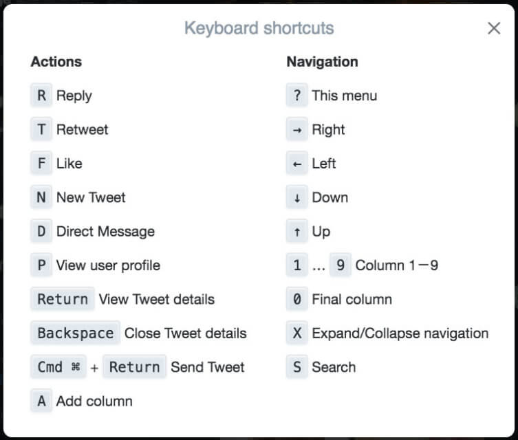 TweetDeck キーボードショートカット