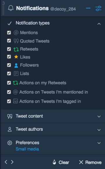 TweetDeck ツイートの絞り込み Notification types
